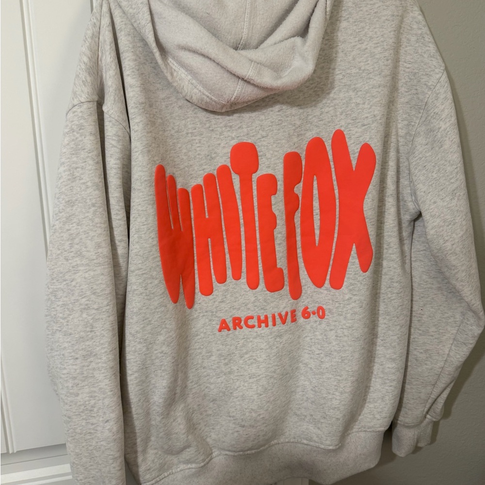 White Fox Boutique Light Heather Gray Hoodie with Neon Orange Logo